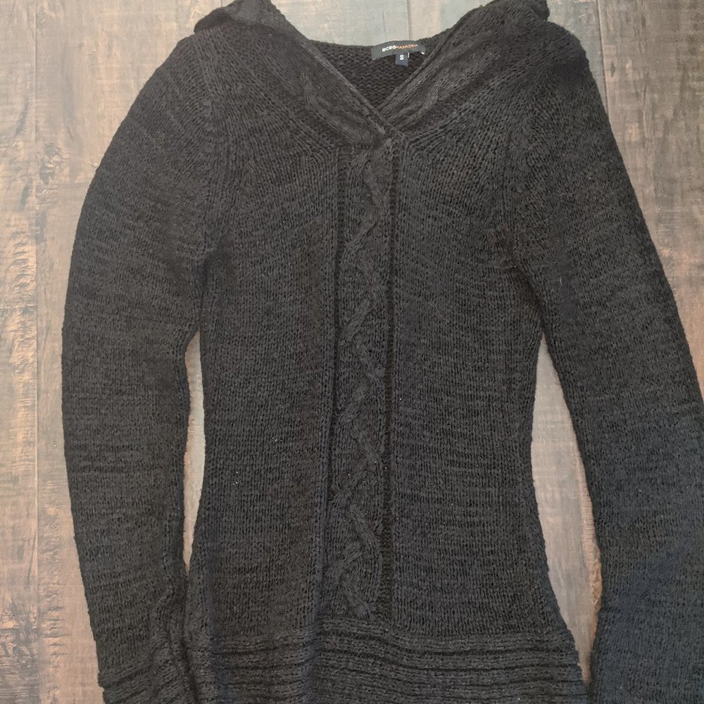 BCBG Long Black Hooded Pullover Knit Sweater- Size Small